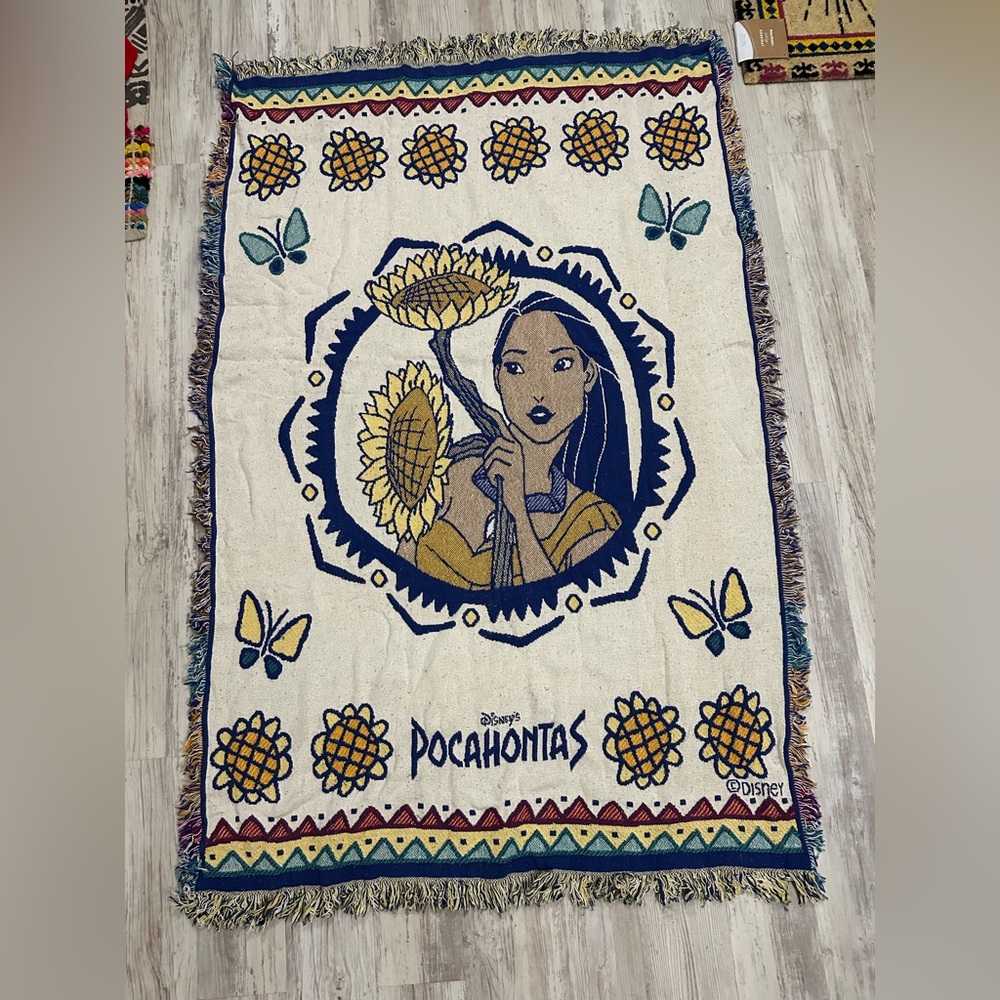 Vintage Disney Pocahontas Woven Throw Blanket Beacon 100% Cotton Heavy RARE